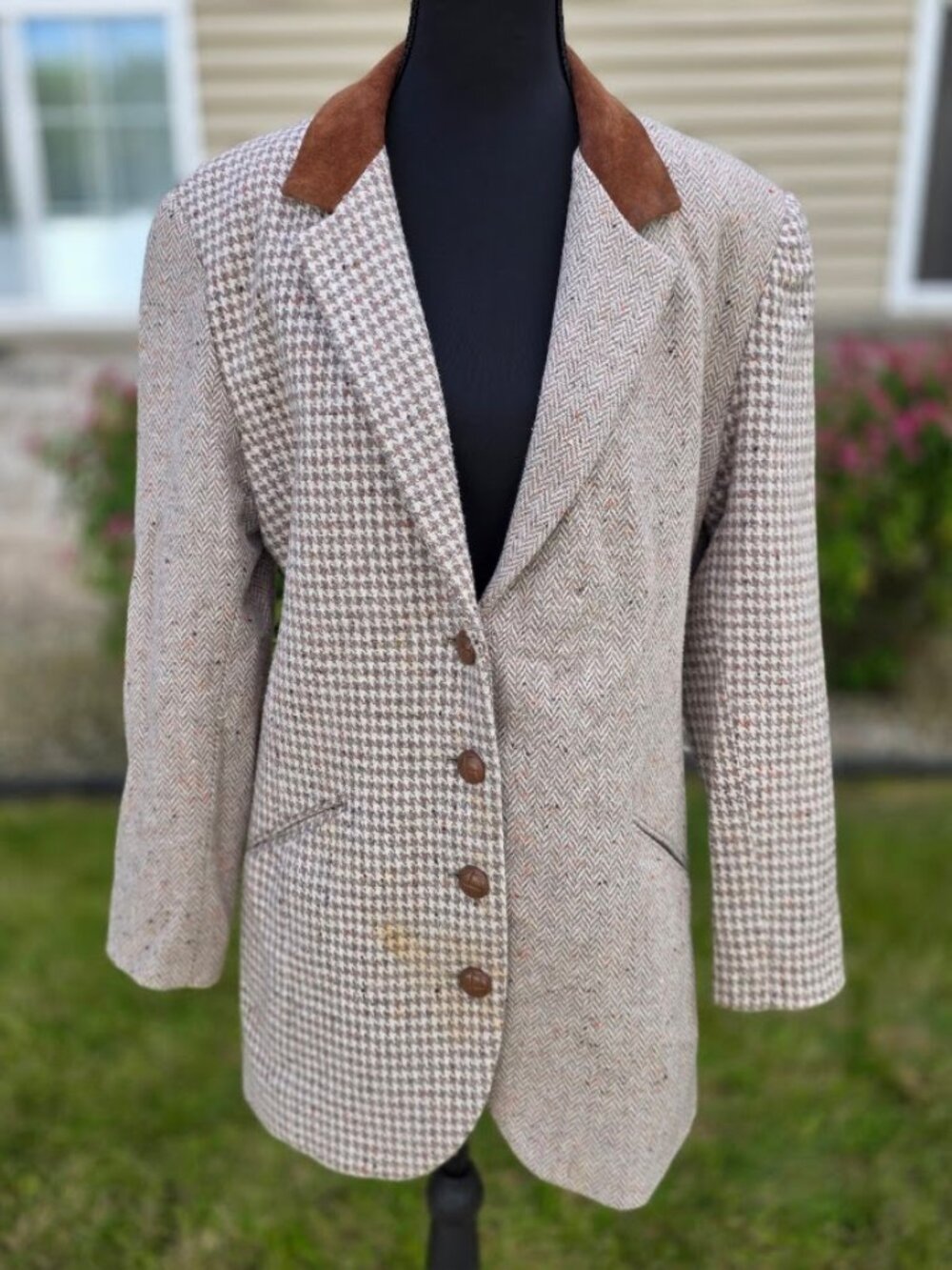 Vintage 90s J.L. Colebrook Wool Tweed Patchwork Houndstooth Blazer S